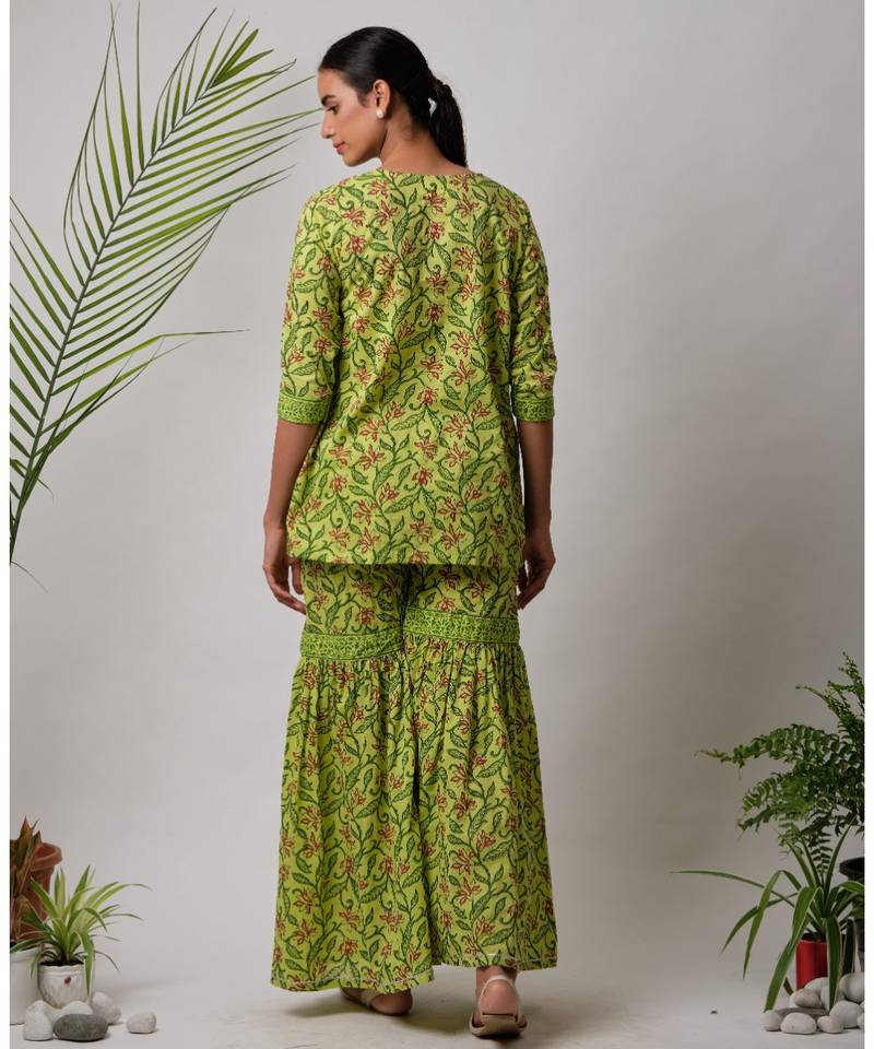 green Ella cotton Kurta,Sharara And Dupatta Set of three
