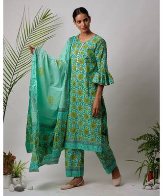 Green  Falguni cotton Kurta,Pant And Dupatta Set of three 1