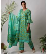 Green  Falguni cotton Kurta,Pant And Dupatta Set of three