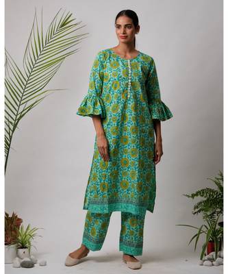 Green  Falguni cotton Kurta,Pant And Dupatta Set of three 2