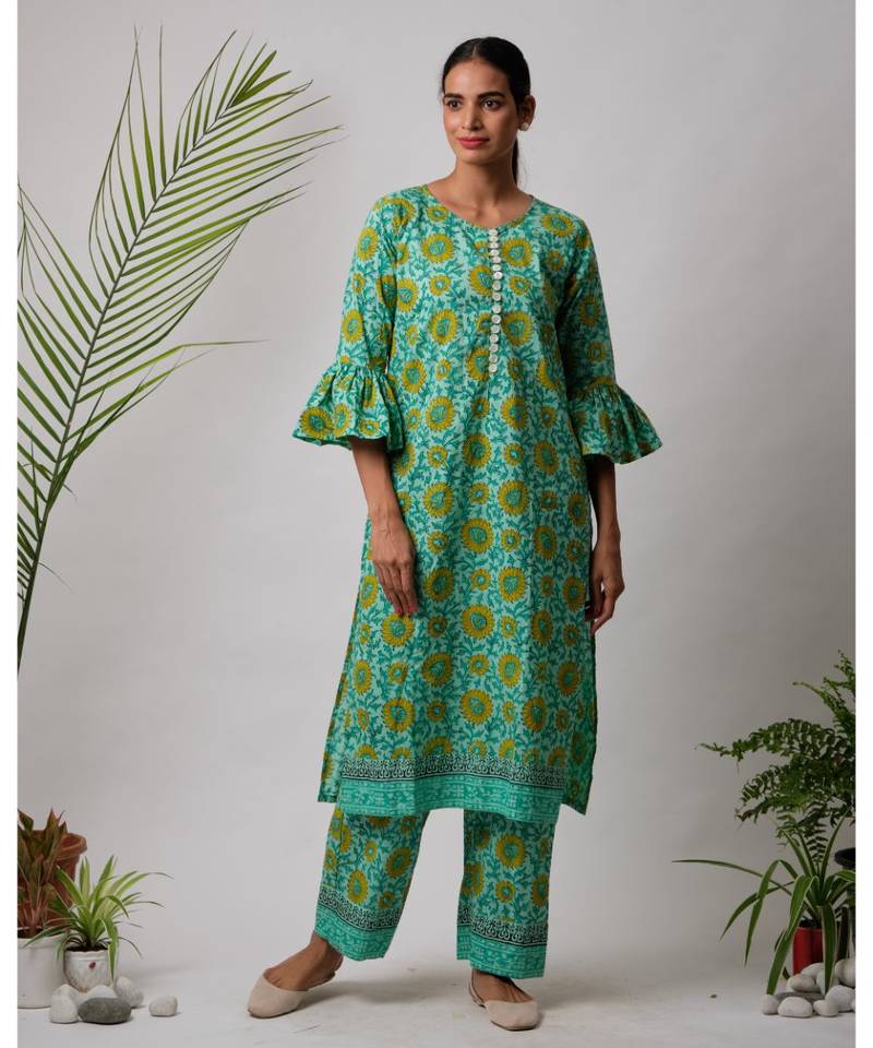 Green  Falguni cotton Kurta,Pant And Dupatta Set of three