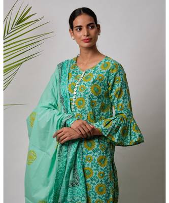Green  Falguni cotton Kurta,Pant And Dupatta Set of three 3