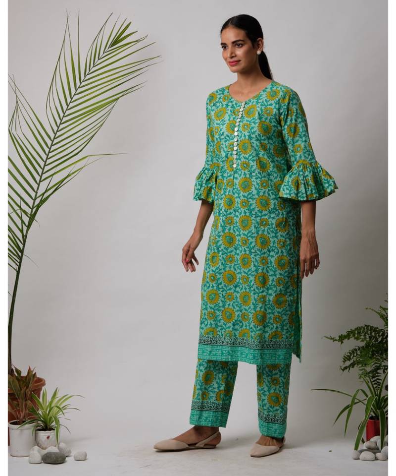 Green  Falguni cotton Kurta,Pant And Dupatta Set of three
