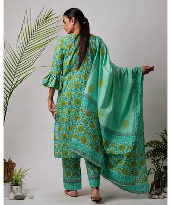 Green  Falguni cotton Kurta,Pant And Dupatta Set of three 5