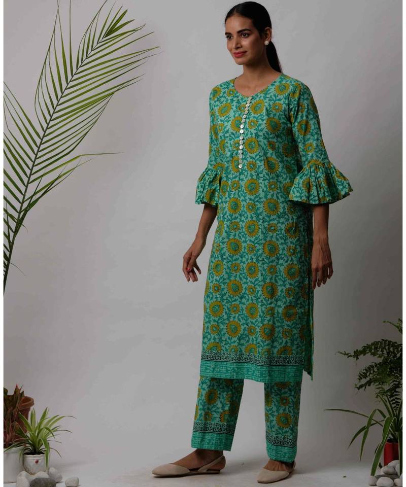 Green  Faiza cotton Kurta And Pant Set