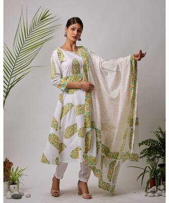 White Ganga cotton Kurta,Pant And Dupatta Set of three 1
