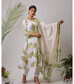 White Ganga cotton Kurta,Pant And Dupatta Set of three