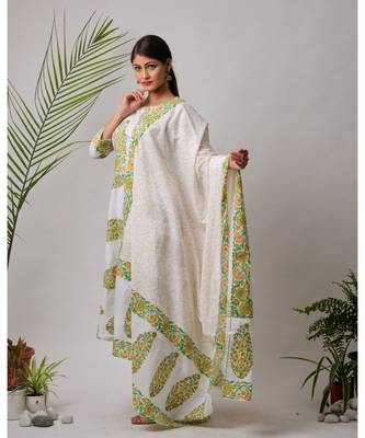 White Ganga cotton Kurta,Pant And Dupatta Set of three 2