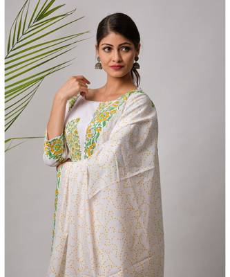 White Ganga cotton Kurta,Pant And Dupatta Set of three 3