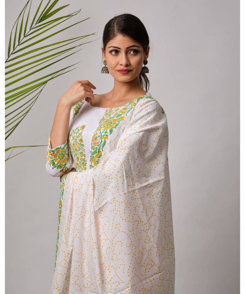 White Ganga cotton Kurta,Pant And Dupatta Set of three