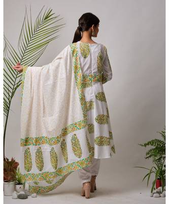 White Ganga cotton Kurta,Pant And Dupatta Set of three 4