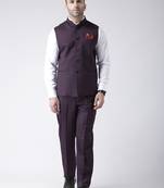 Purple Plain Cotton Stitched Nehru Jacket And Trousers