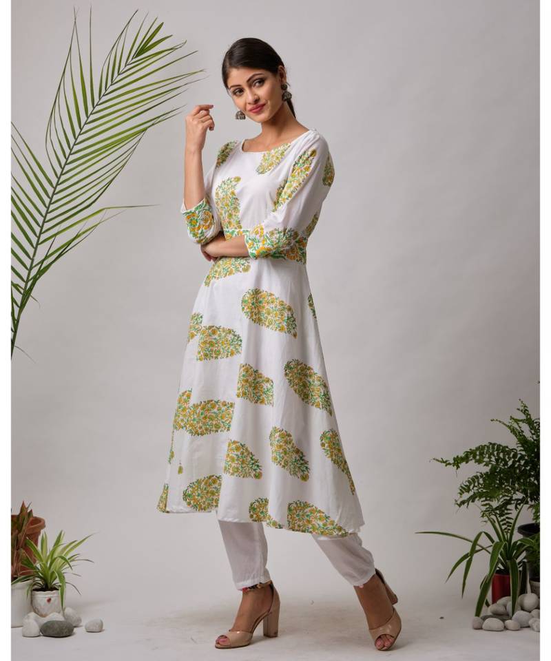 White Ganga cotton Kurta,Pant And Dupatta Set of three