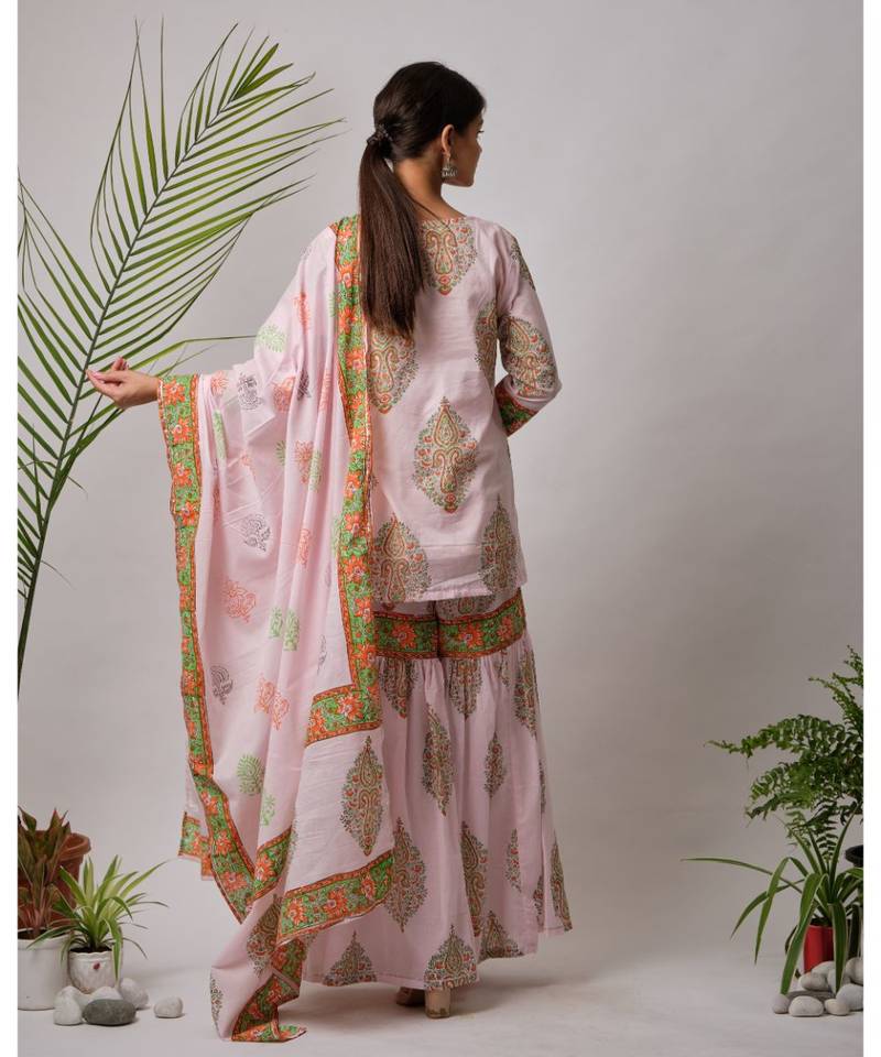 pink Hiral cotton Kurta,Sharara And Dupatta Set of three