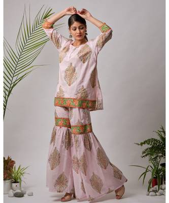 pink Hiral cotton Kurta,Sharara And Dupatta Set of three 3