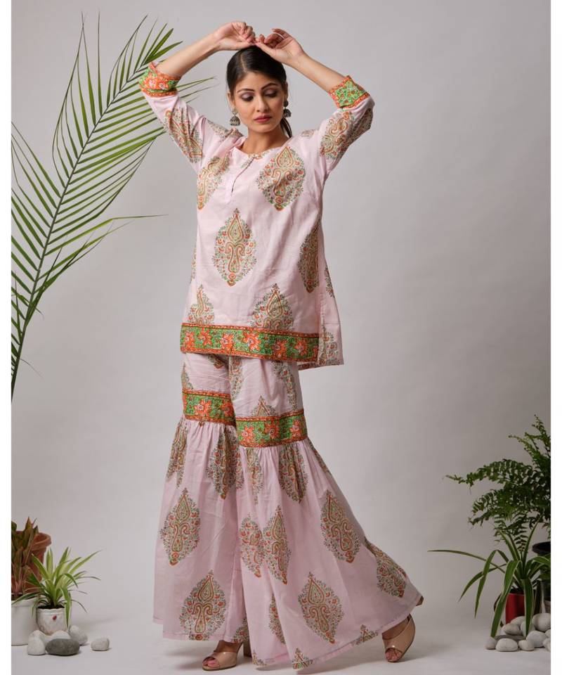 pink Hiral cotton Kurta,Sharara And Dupatta Set of three
