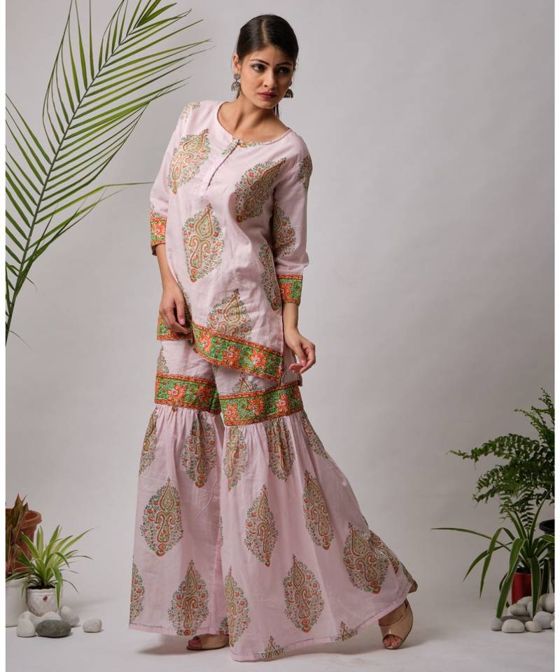 pink Hiral cotton Kurta,Sharara And Dupatta Set of three