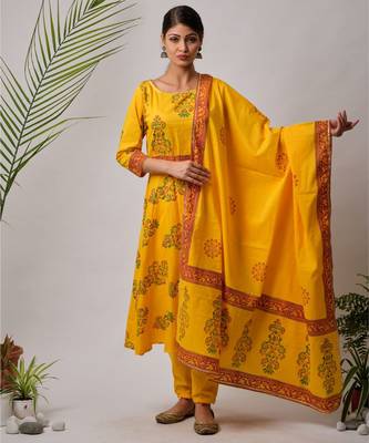 Yellow Imana cotton Kurta,Pant And Dupatta Set of three 1
