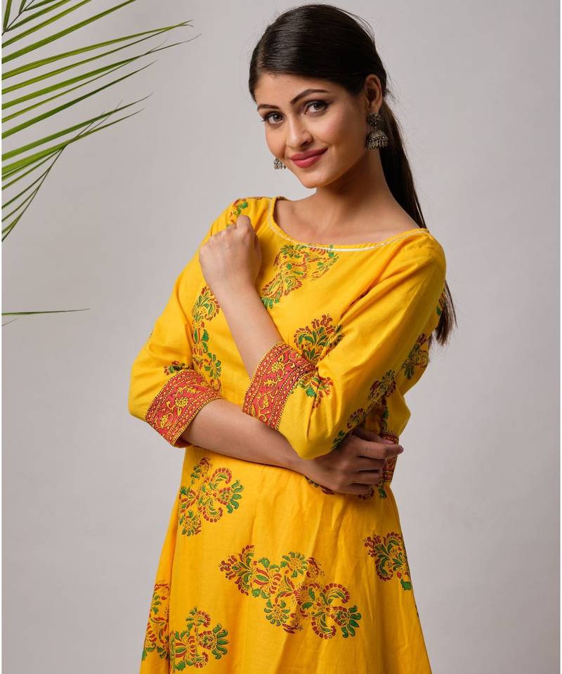 Yellow Imana cotton Kurta,Pant And Dupatta Set of three