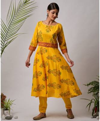 Yellow Imana cotton Kurta,Pant And Dupatta Set of three 3