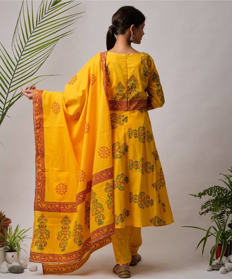 Yellow Imana cotton Kurta,Pant And Dupatta Set of three