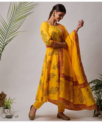 Yellow Imana cotton Kurta,Pant And Dupatta Set of three 5