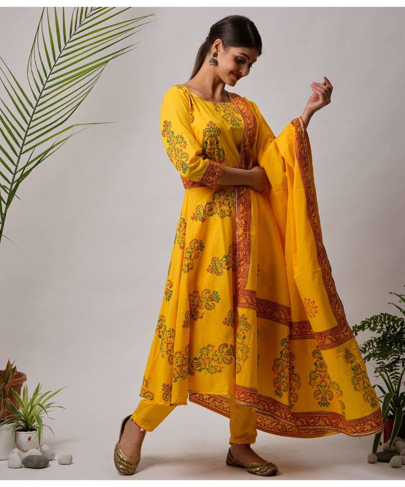 Yellow Imana cotton Kurta,Pant And Dupatta Set of three