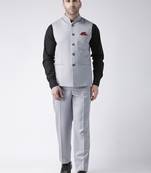 Grey Plain Cotton Stitched Nehru Jacket And Trousers
