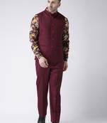 Maroon Plain Cotton Stitched Nehru Jacket And Trousers