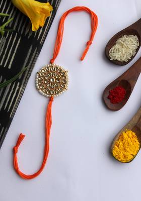Orange Handcrafted Kundan Inspired Rakhi With Pearls 1