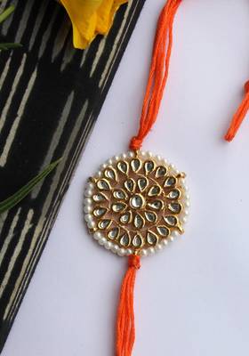 Orange Handcrafted Kundan Inspired Rakhi With Pearls 2