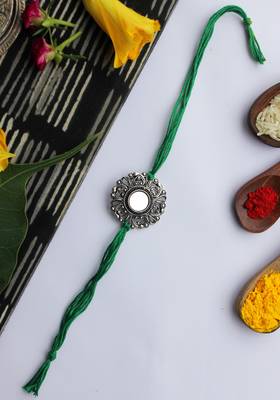 Green Handcrafted Rakhi With Mirror Work 1
