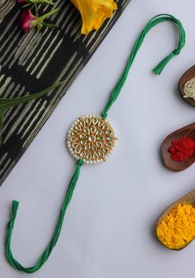 Green Handcrafted Kundan Inspired Rakhi With Pearls 1