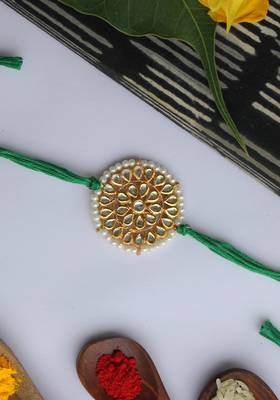Green Handcrafted Kundan Inspired Rakhi With Pearls 2