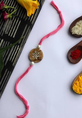 Pink Handcrafted Kundan Inspired Wooden Rakhi 1