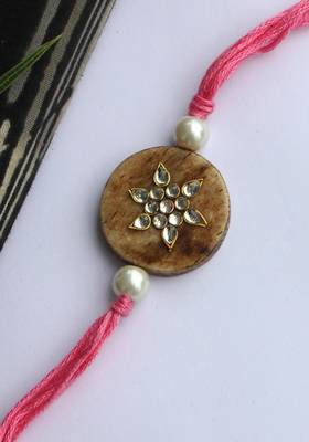 Pink Handcrafted Kundan Inspired Wooden Rakhi 2
