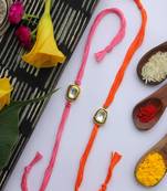 Orange Pink Handcrafted Kundan Inspired Rakhis (Set Of 2)