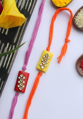 Multicolored Handcrafted Kundan Inspired Rakhis (Set Of 2) 2