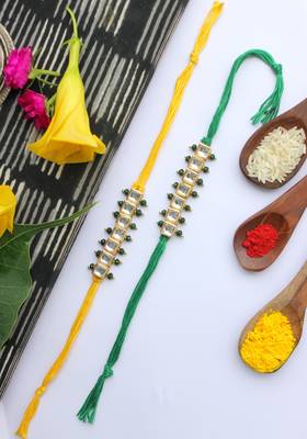 Green Yellow Handcrafted Kundan Inspired Rakhis (Set Of 2) 1