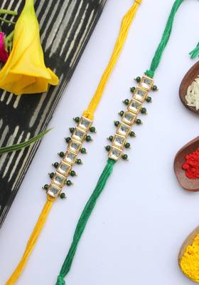 Green Yellow Handcrafted Kundan Inspired Rakhis (Set Of 2) 2