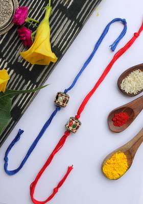 Red Blue Handcrafted Kundan Inspired Rakhis (Set Of 2) 1