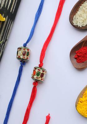 Red Blue Handcrafted Kundan Inspired Rakhis (Set Of 2) 2