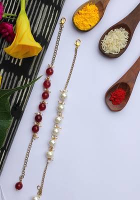 Red White Onyx And Pearls Handcrafted Rakhis (Set Of 2) 1