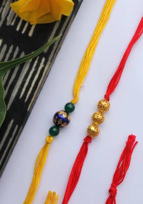 Red Yellow Handcrafted Meenakari Rakhis (Set Of 2) 2