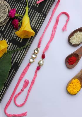 Pink Handcrafted Kundan Inspired Rakhis (Set Of 2) 1