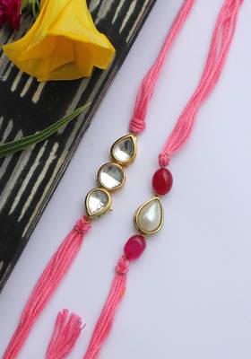 Pink Handcrafted Kundan Inspired Rakhis (Set Of 2) 2