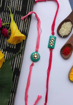 Pink Red Handcrafted Kundan Inspired Rakhis (Set Of 2) 1