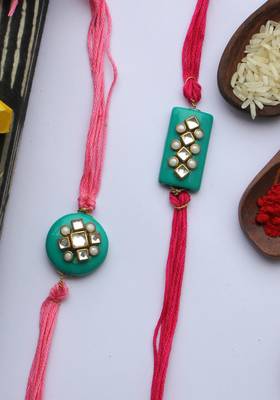 Pink Red Handcrafted Kundan Inspired Rakhis (Set Of 2) 2