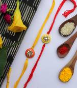 Yellow Red Handcrafted Kundan Inspired Rakhis (Set Of 2)