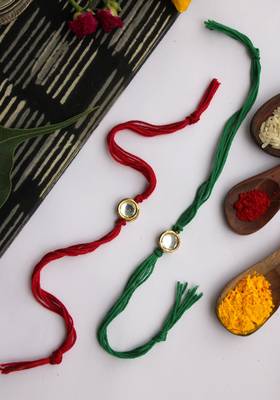 Green Red Handcrafted Kundan Inspired Rakhis (Set Of 2) 1